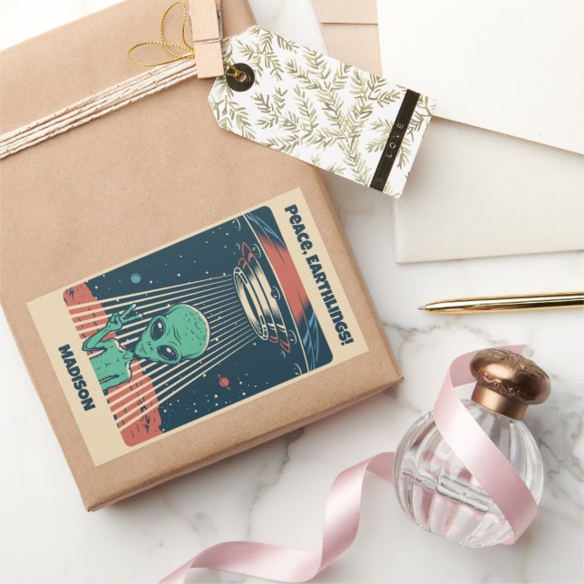 Pegatina Rectangular Alien de OVNI de texto de personalizado (Regalar)