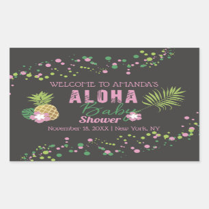 Pegatina Rectangular Aloha Baby Pink Piña Tropical Baby Shower
