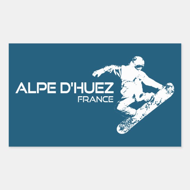 Pegatina Rectangular Alpe d’Huez Francia Snowboarder (Anverso)