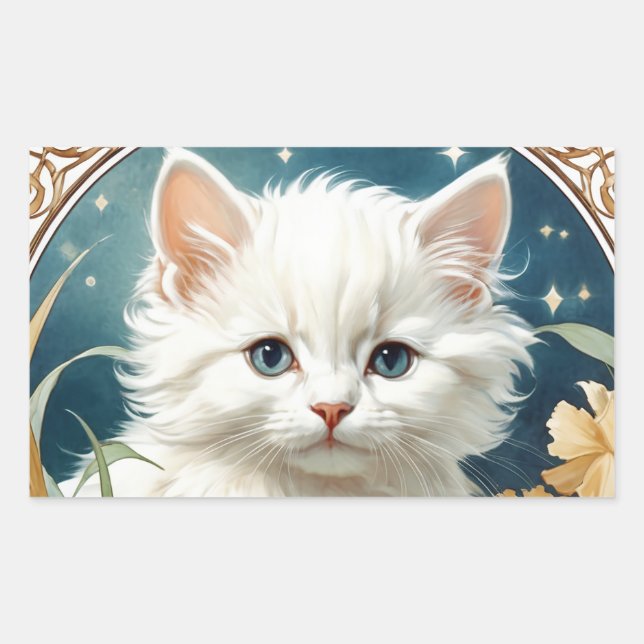 Pegatina Rectangular Alphonse Mucha Art Nouveau Kitten (Anverso)
