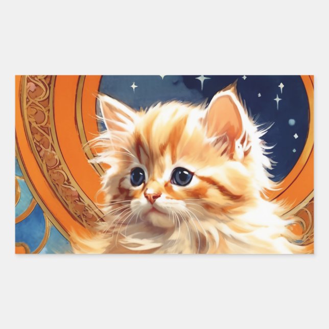 Pegatina Rectangular Alphonse Mucha Art Nouveau Naranja Cat (Anverso)