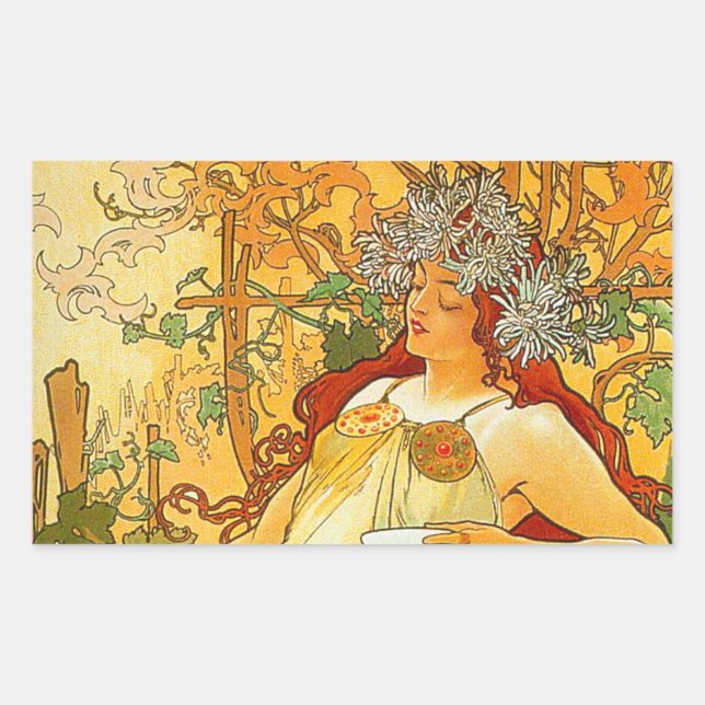 Pegatina Rectangular Alphonse Mucha Art Nouveau Otoño (Anverso)
