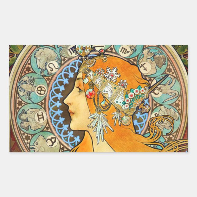 Pegatina Rectangular Alphonse Mucha Art Nouveau Zodiac (Anverso)