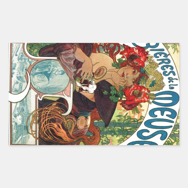 Pegatina Rectangular Alphonse Mucha Bieres De La Meuse (Anverso)