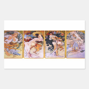 Pegatina Rectangular Alphonse Mucha Cuatro Pegatinas de Temporadas