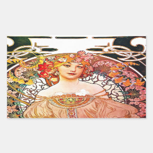 Pegatina Rectangular Alphonse Mucha Daydream Floral Vintage Art Nouveau