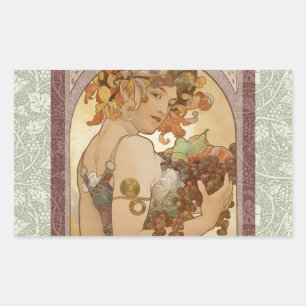 Pegatina Rectangular Alphonse Mucha Frutas Art Nouveau Vintage Doncella