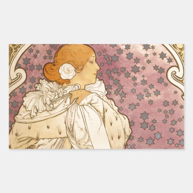 Pegatina Rectangular Alphonse Mucha La Dame Aux Camelias: Art Nouveau  (Anverso)