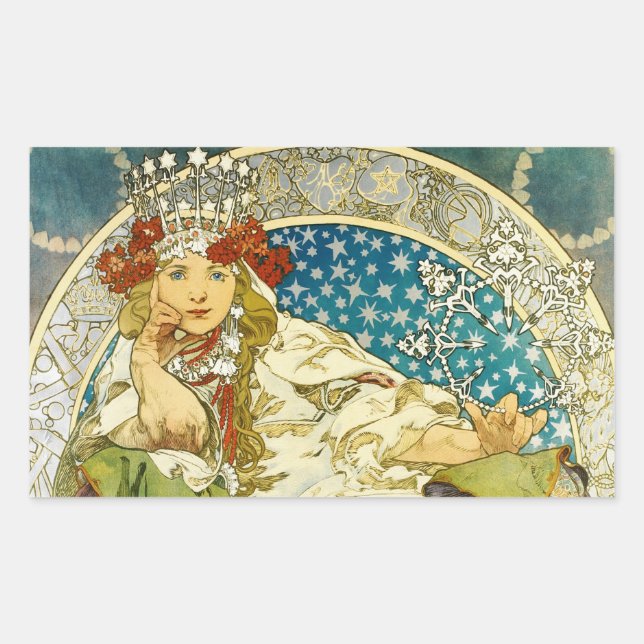 Pegatina Rectangular Alphonse Mucha Princess Hyacinth Art Nouveau (Anverso)