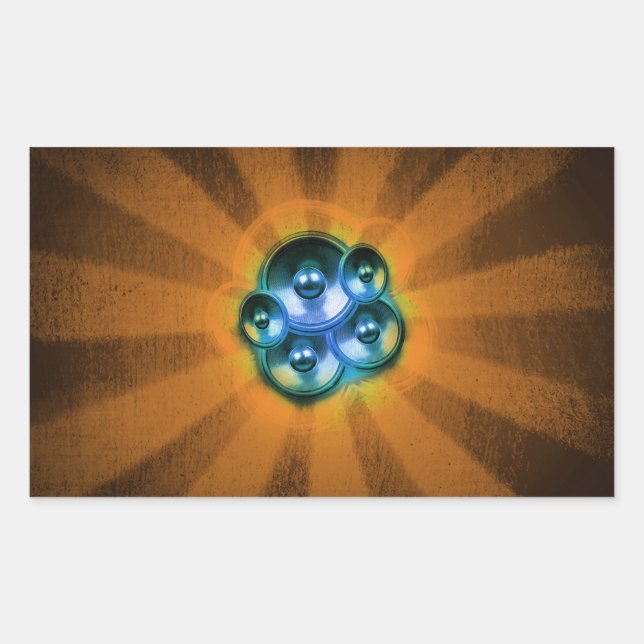 Pegatina Rectangular Altavoces de música y ráfaga de sol naranja (Anverso)