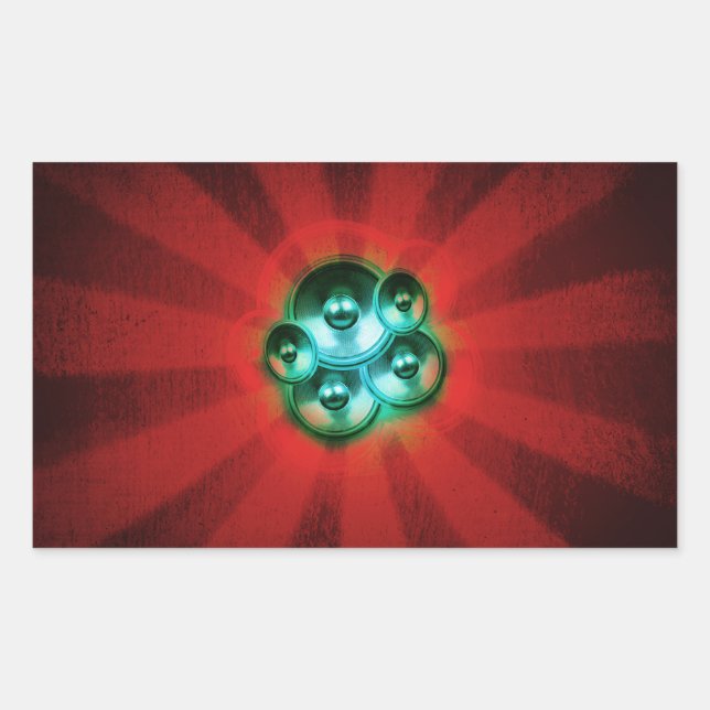 Pegatina Rectangular Altavoces musicales y ráfagas de sol rojas (Anverso)