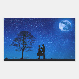Pegatina Rectangular Amantes bajo una luna llena      