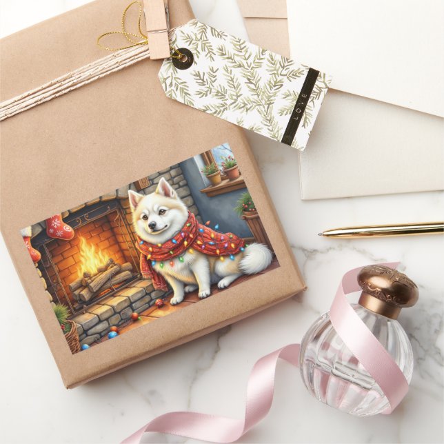 Pegatina Rectangular American Eskimo Fireplace with Christmas Lights (Regalar)