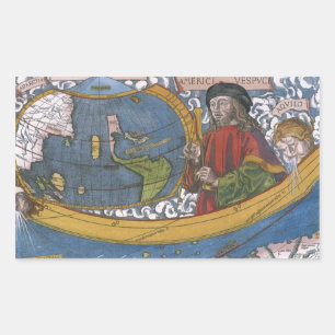 Pegatina Rectangular Amerigo Vespucci Explorador en un Mapa de las Amér