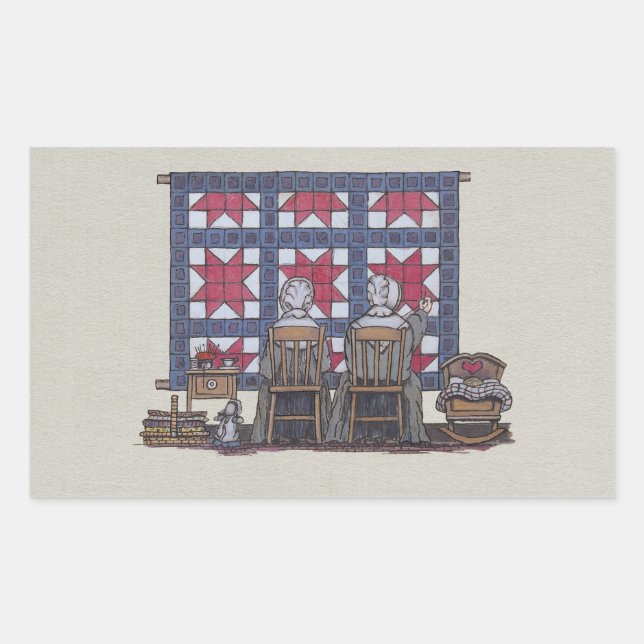Pegatina Rectangular Amish Women Quilting (Anverso)
