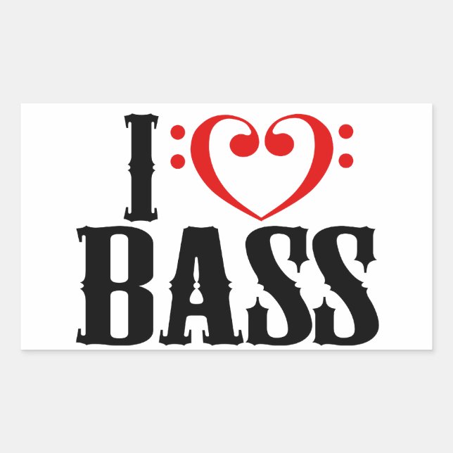 Pegatina Rectangular Amo a Bass, con el bajo clef Heart (Anverso)