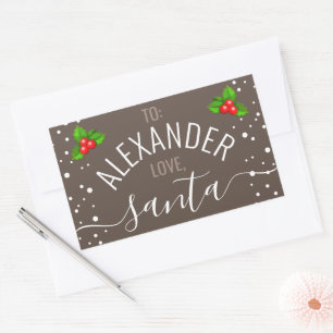 Pegatina Rectangular "Amor, Santa" Nombre personalizado Taupe Holiday