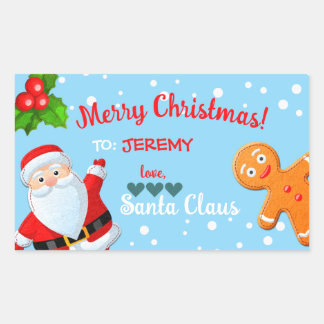 Pegatina Rectangular Amor, Santa y pan de jengibre azul personalizado N