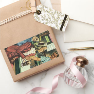 Pegatina Rectangular Amor y romance vintage, dama en la tienda de refre