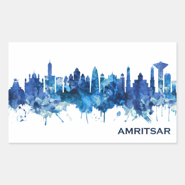 Pegatina Rectangular Amritsar Punjab Skyline Blue (Anverso)