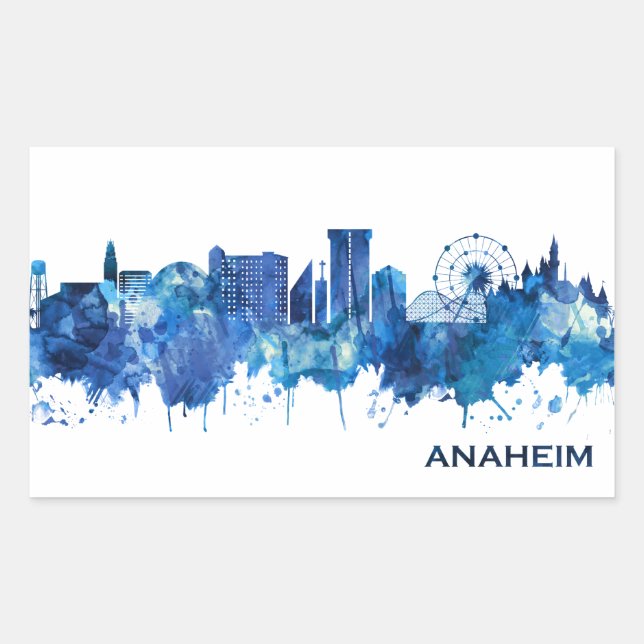 Pegatina Rectangular Anaheim California Skyline Blue (Anverso)