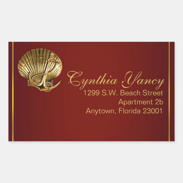 Pegatina Rectangular Anchored Seashell Nautical | burgundy (Anverso)