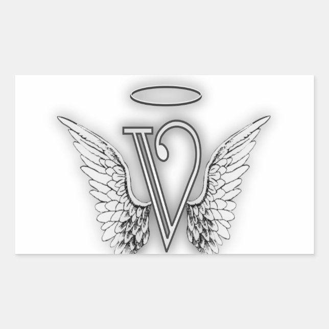 Pegatina Rectangular Ángel Alphabet V Letra Inicial Wings Halo (Anverso)
