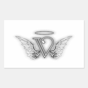 Pegatina Rectangular Ángel Alphabet V Letra Inicial Wings Halo