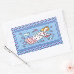 PEGATINA RECTANGULAR ANGEL DE ARTE FOLK, CAT Y CORAZONES DE VUELO VALEN