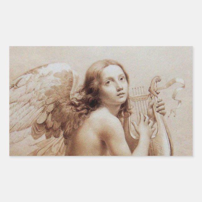 PEGATINA RECTANGULAR ANGEL JUGANDO LYRA SOBRE LAS NUBES (Anverso)