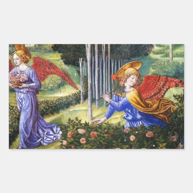 Pegatina Rectangular Ángel reuniendo flores en un paisaje celestial (Anverso)