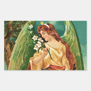 Pegatina Rectangular Ángel sosteniendo una rama floral