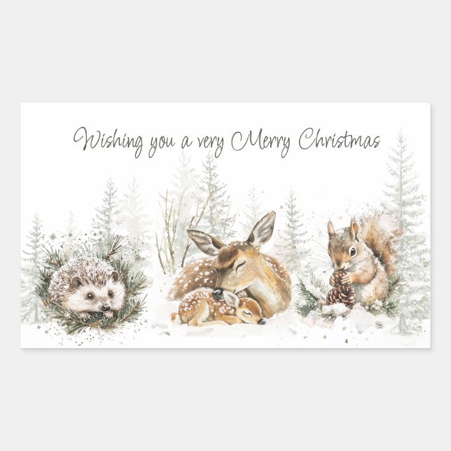 Pegatina Rectangular Animales Bosque Invierno Navidad (Anverso)