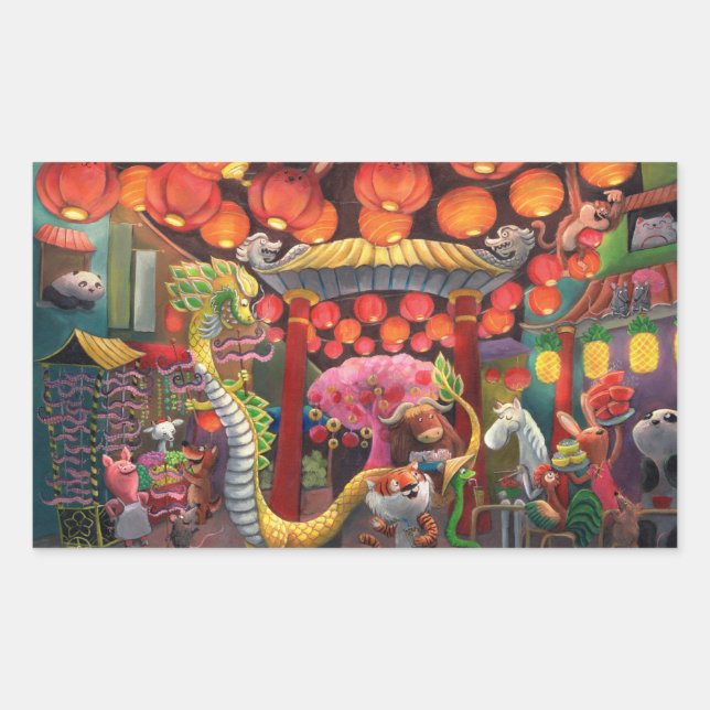 Pegatina Rectangular Animales de China Town (Anverso)