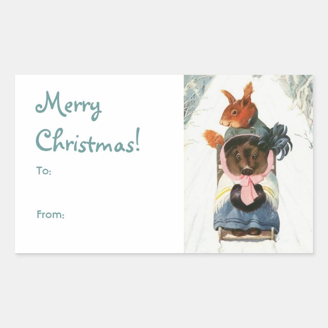 Pegatina Rectangular Animales de época divertidos que duermen "Feliz Na (Anverso)