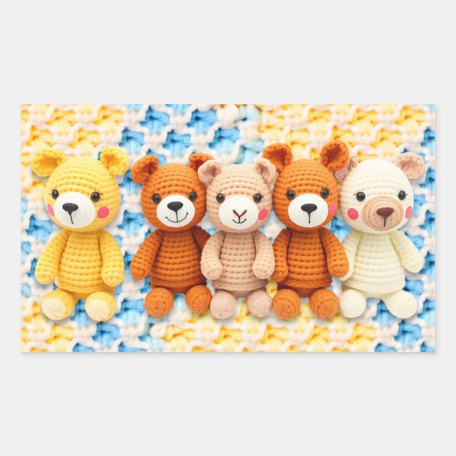 Pegatina Rectangular Animales de peluche ganchillo azul y amarillo (Anverso)
