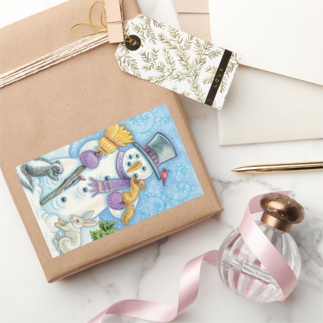 Pegatina Rectangular Animales lindos construyendo un muñeco de nieve pa (Regalar)