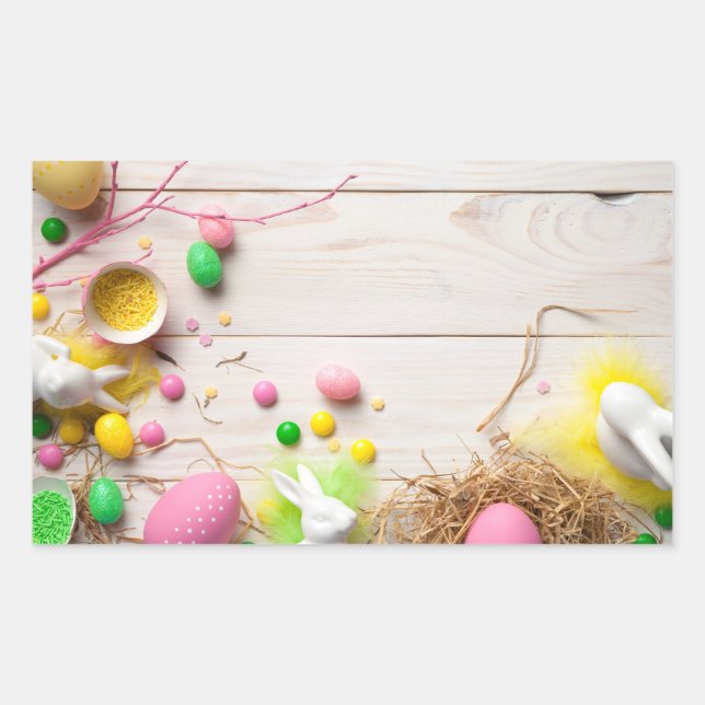 Pegatina Rectangular Antecedentes de Pascua con huevos de Pascua (Anverso)