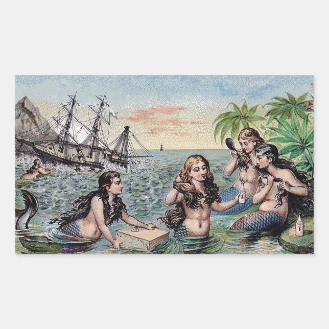 Pegatina Rectangular Antigüedad de Sirena Mágica Océano Náutico (Anverso)