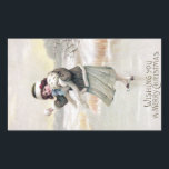 Pegatina Rectangular Antiguo Fashion Ice Skater Vintage Christmas<br><div class="desc">"Deseándote una Feliz Navidad" Un chica que patina sobre un estanque helado se prepara para arrojar una bola de nieve en una vintage postal navideña de 1914.</div>