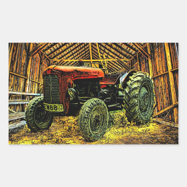 Pegatina Rectangular Antiguo Tractor Rojo Rústico Barn (Anverso)