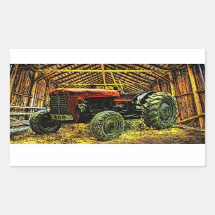 Pegatina Rectangular Antiguo Tractor Rojo Rústico Barn