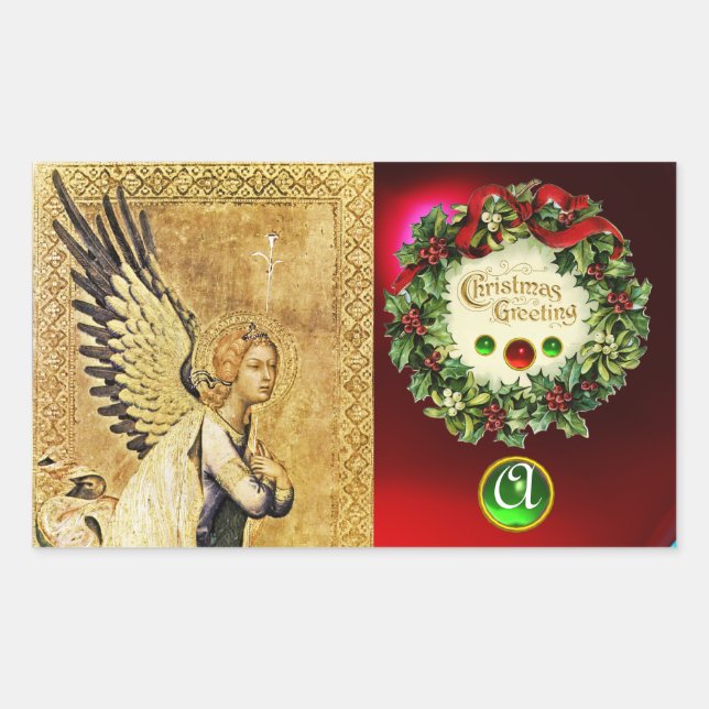 Pegatina Rectangular ANUNCIACIÓN ANGEL MONOGRAM, Esmeralda verde rubí (Anverso)