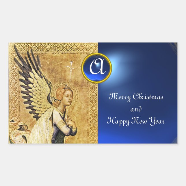 Pegatina Rectangular ANUNCIACIÓN ANGEL MONOGRAM, zafiro azul (Anverso)