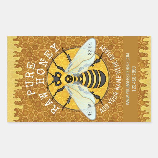 Pegatina Rectangular Apiary Honeybee Honey Jar Labels | Honeycomb Bee (Anverso)