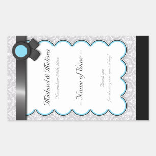 Pegatina Rectangular Aqua Blue & Grey Damask Bodas de Bola de Botellas