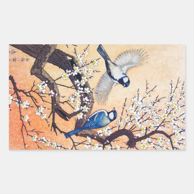 Pegatina Rectangular Árbol de cerezas de aves Yoshida oriental japonés  (Anverso)