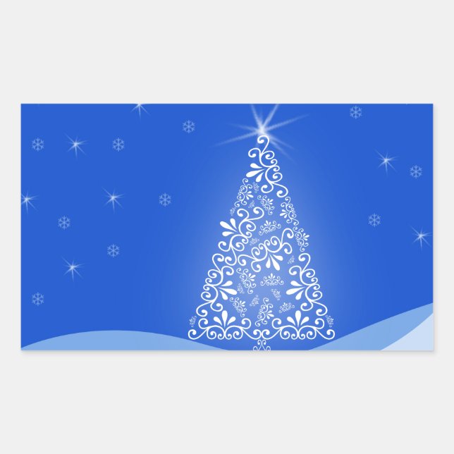 Pegatina Rectangular Árbol de Navidad Azul Blanco Alegre Luces Nocturna (Anverso)