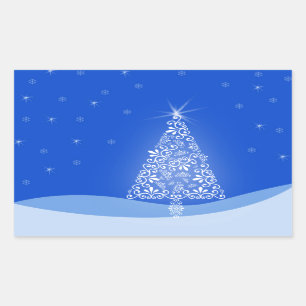 Pegatina Rectangular Árbol de Navidad Azul Blanco Alegre Luces Nocturna