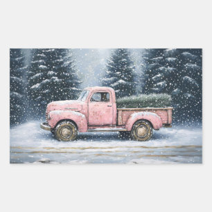Pegatina Rectangular Árbol de Navidad de Camión Vintage Rosa